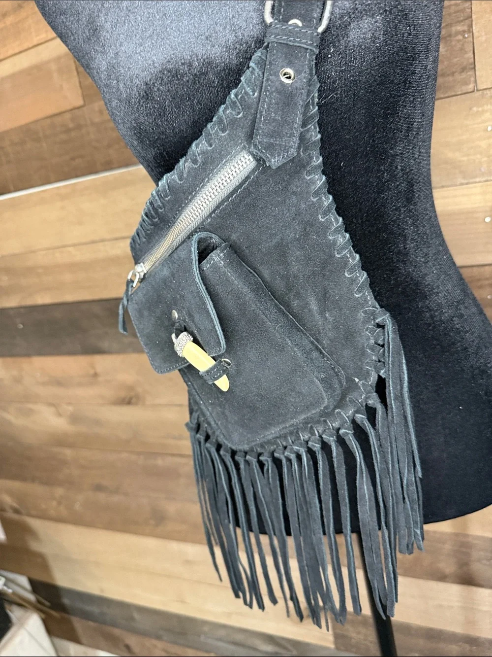 Raj Black Suede Fringe Crossbody Bag with Front Pocket 100% leather